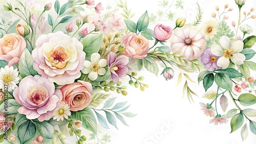Delicate watercolor design featuring a mix of fresh flowers and foliage in soft hues, botanical, garden, fresh flowers