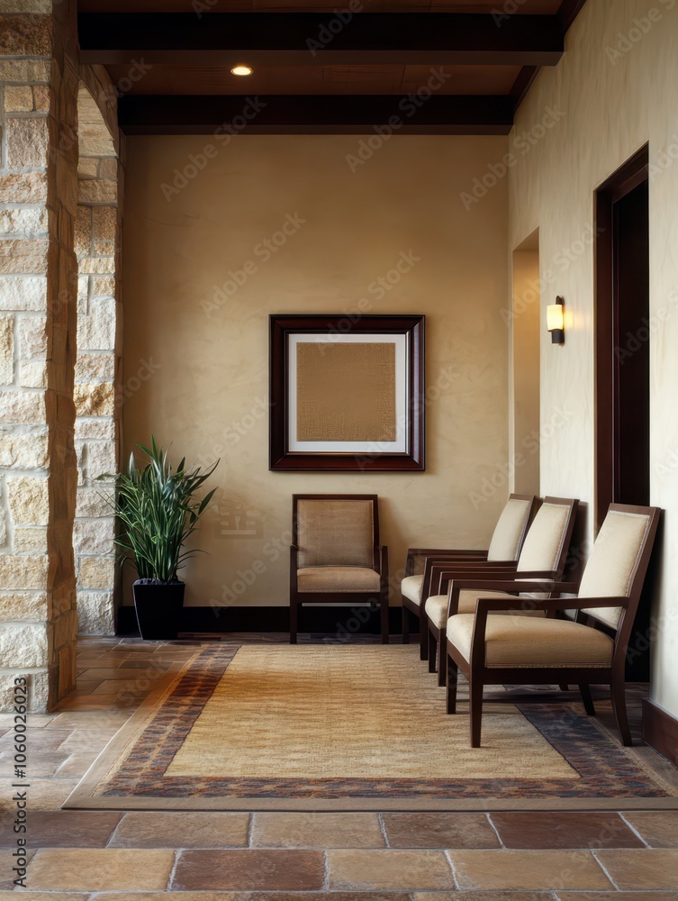 Fototapeta premium Charming rustic hotel lobby featuring warm stone walls and inviting decor for a cozy atmosphere.