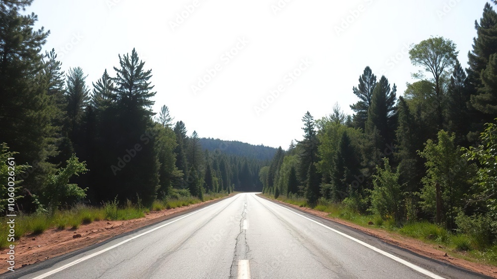 Fototapeta premium Asphalt square road surrounded by lush green forest trees creating a peaceful natural scenery, forest, asphalt