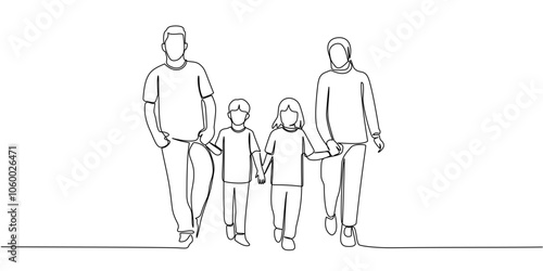 illustration of a family line art style vector eps, Continuous line drawing of family members. Father, mother, daughter, and son holding hands together.