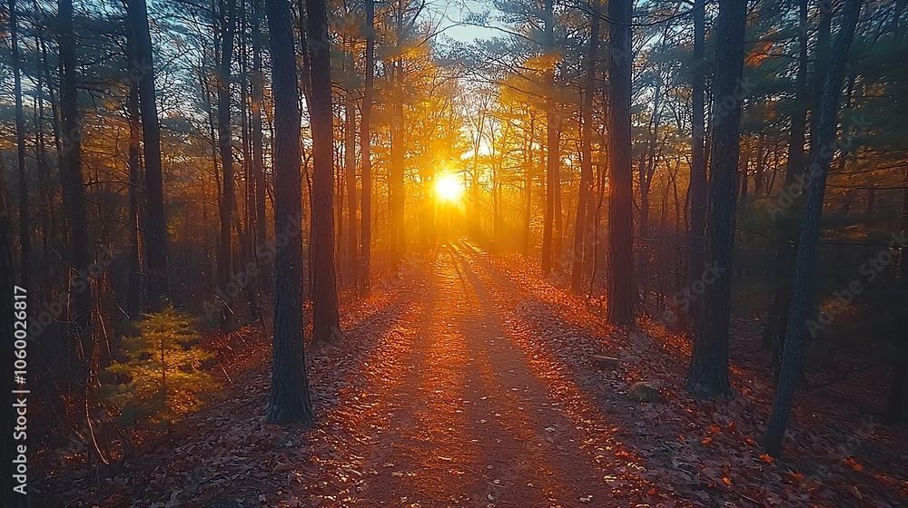 Obraz premium Forest path with bright sunset, tranquil view