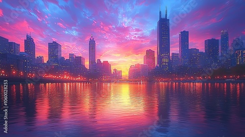 City skyline at sunset over calm river. photo