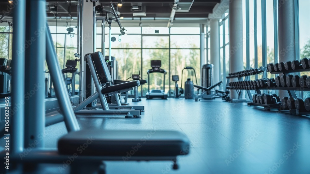 Fototapeta premium A modern gym interior with workout equipment and weights, designed for fitness activities.