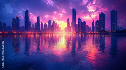 City skyline at sunset, vibrant reflection photo