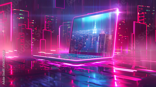 Futuristic illustration about computer technology with a laptop in neon colors. For cover backgrounds, wallpapers and other modern projects