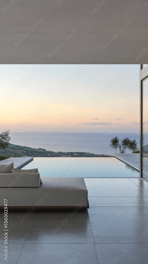 Fototapeta premium Modern villa overlooking a serene ocean view at sunset in a tranquil landscape setting