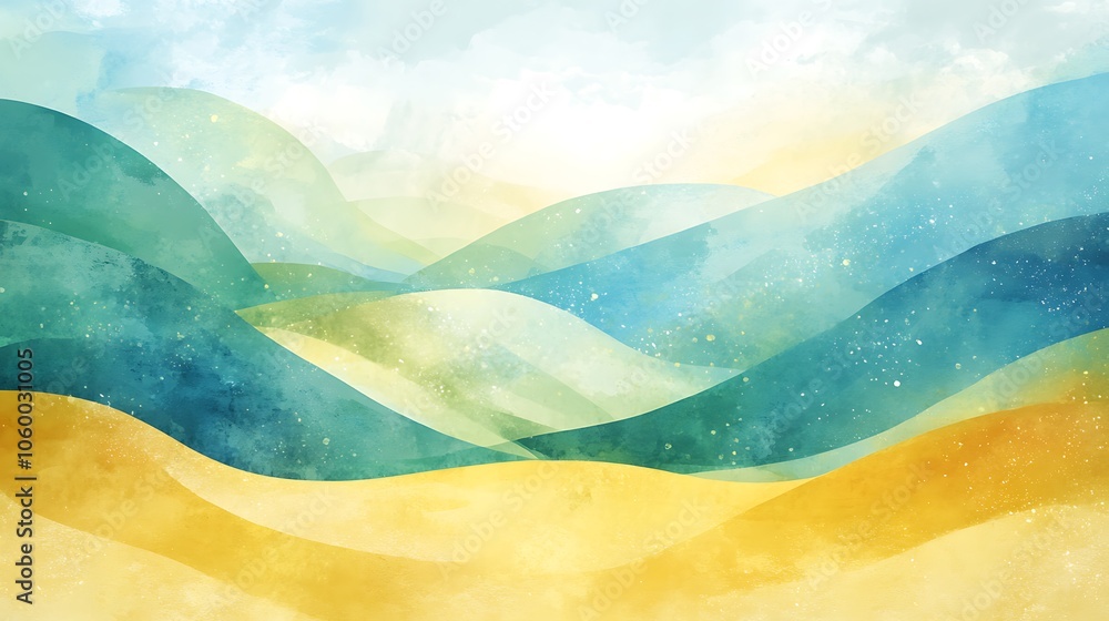 Φωτογραφία Abstract watercolor painting of a landscape with blue and green hills and a yellow foreground