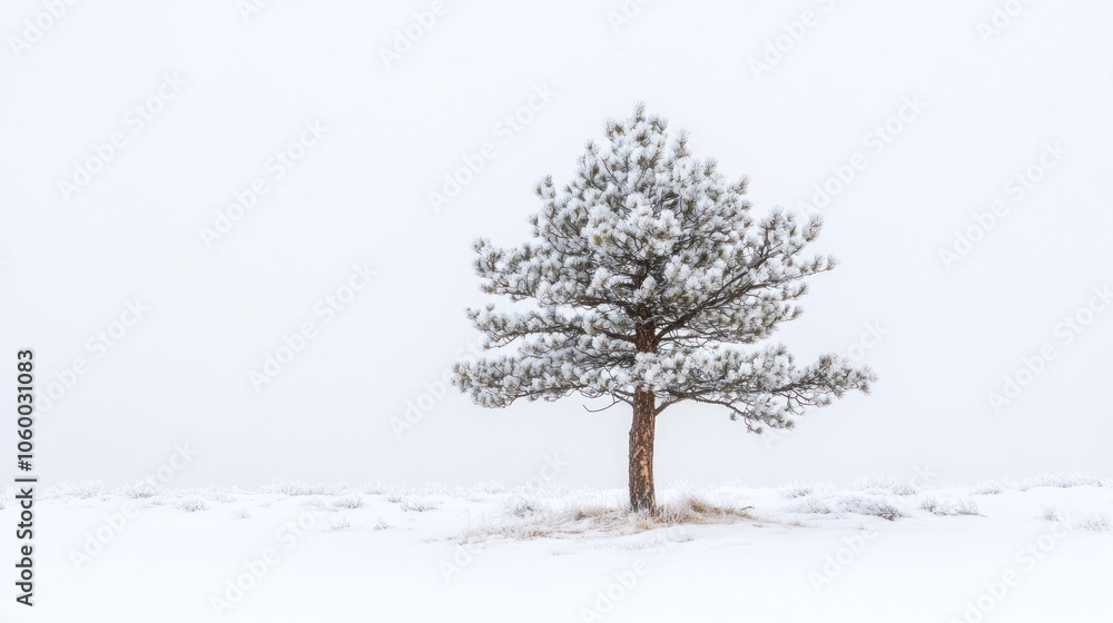 Fototapeta premium A solitary snow-covered tree stands in a serene, white landscape, evoking tranquility.