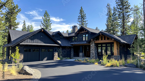 modern black mountain home with stone driveway and expansive windows