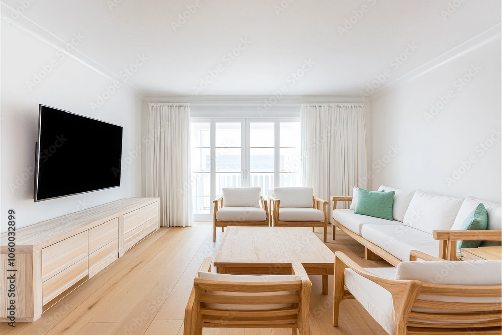 Modern coastal living room design with natural light and minimalistic decor elements Modern coastal living room design with natural light and minimalistic decor elements