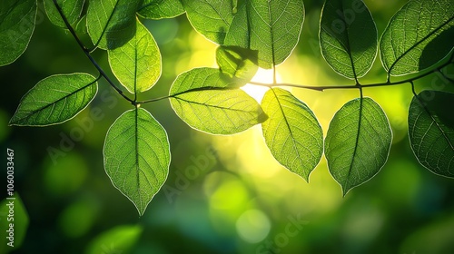 Green leaves with sunlight filtering through photo