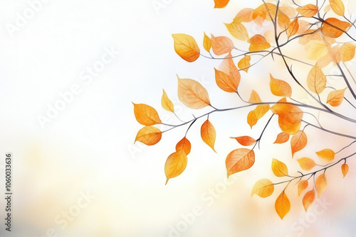 Delicate orange leaves on branch against soft background evoke serene autumn atmosphere