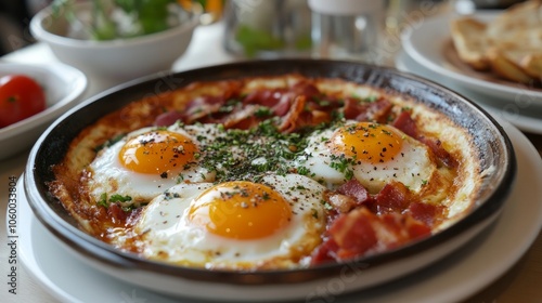 Traditional Turkish cuisine, such as bacon and fried eggs. Pastirmali Yumurta is its Turkish name.
 photo