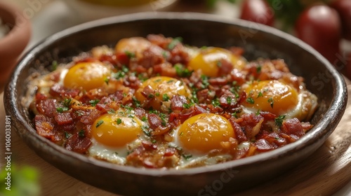 Traditional Turkish cuisine, such as bacon and fried eggs. Pastirmali Yumurta is its Turkish name.
 photo