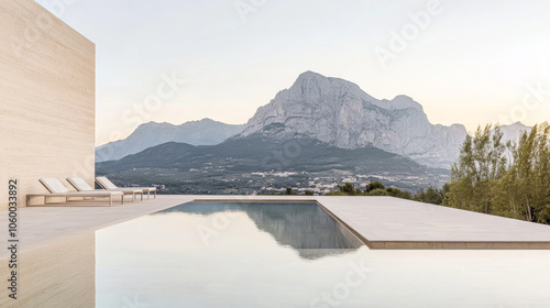 Serene mountainscape view from a modern poolside at sunset in a tranquil setting photo