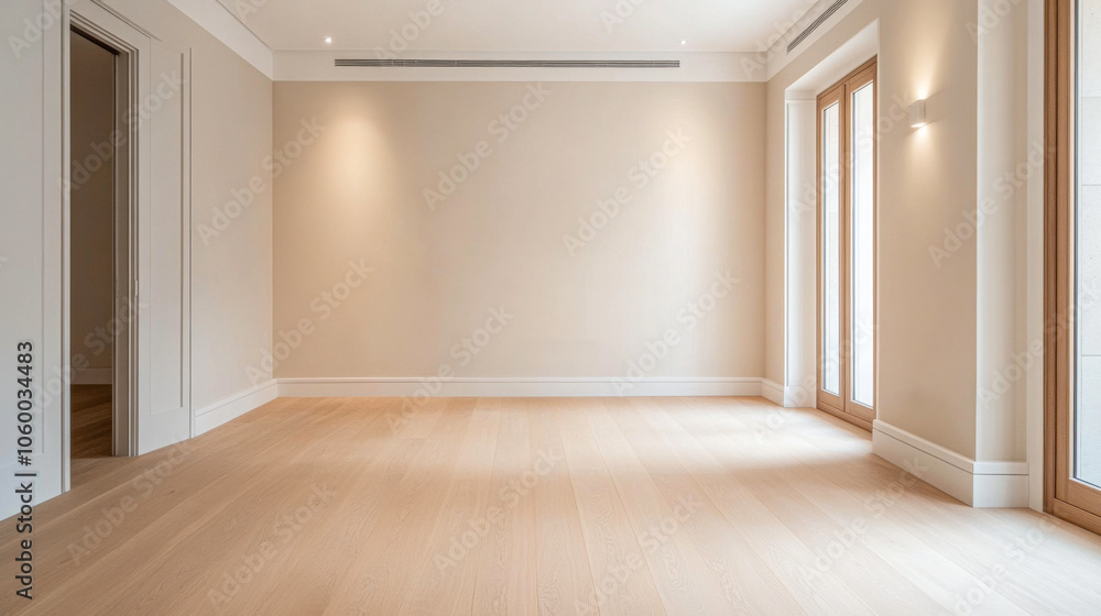 Fototapeta premium Empty modern living space with natural light from large windows in a newly built home