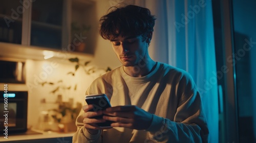 At home, a young man is using a smartphone while holding a coffee cup.
