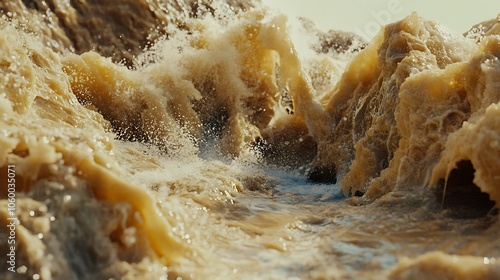 Close-up of churning, muddy water rushing over rocks in a river. photo