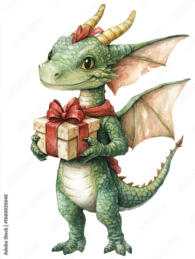 Fototapeta premium Adorable dragon in green elf outfit holding gift with joy