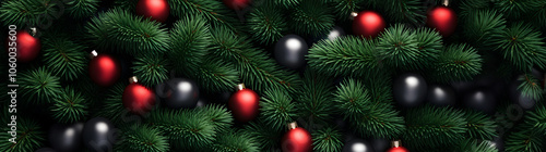 Fir branches and red balls and baubles green needle abstract background Christmas texture. Horizontal composition.
