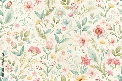 Delicate floral wallpaper featuring pastel-colored blooms in a whimsical, organic design, floral motifs, nature-inspired, botanical prints, vintage style, delicate details