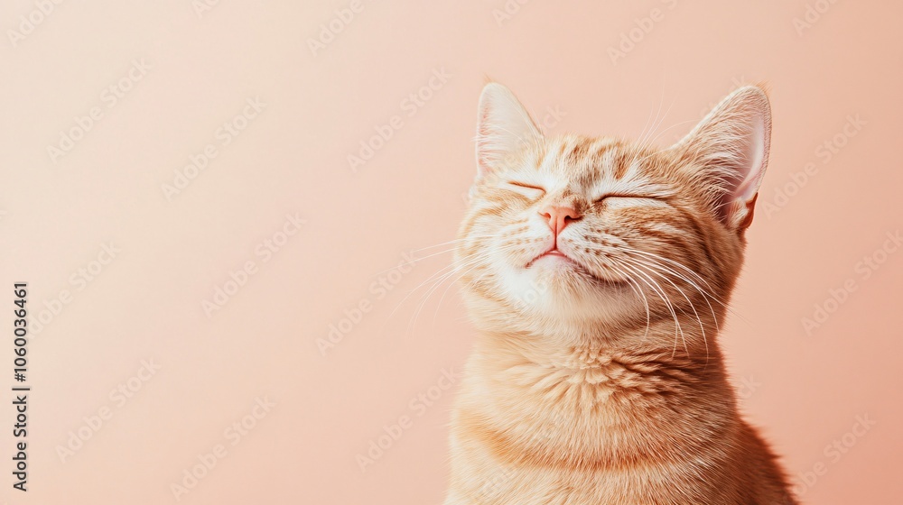 Obraz premium A happy ginger cat with closed eyes, enjoying the moment against a soft, peach-colored background. Perfect for pet and animal-themed designs.