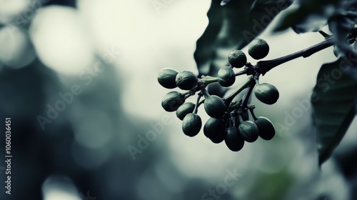 Fresh Unripe Coffee Beans on Branch in Dappled Light photo