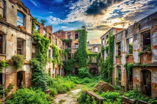 Distressed urban landscape with crumbling buildings and overgrown vegetation, concrete, rubble photo