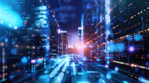 Futuristic Cityscape with Digital Overlays