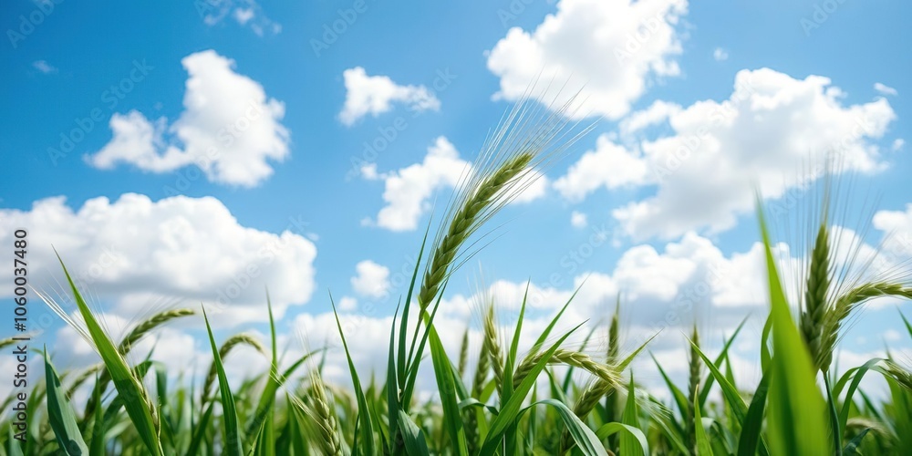 Obraz premium Green wheat plant swaying in the wind under a bright blue sky filled with fluffy clouds, growth, clouds