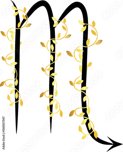 This vector illustration of Scorpio zodiac sign in black with golden flowers.