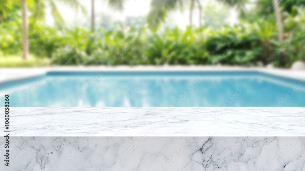 Fototapeta premium white marble top with blurred empty Swimming pool background can be used for mocking up or display product to make advertising