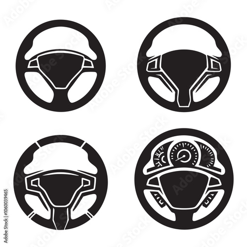 Set of car steering wheel silhouette on white background