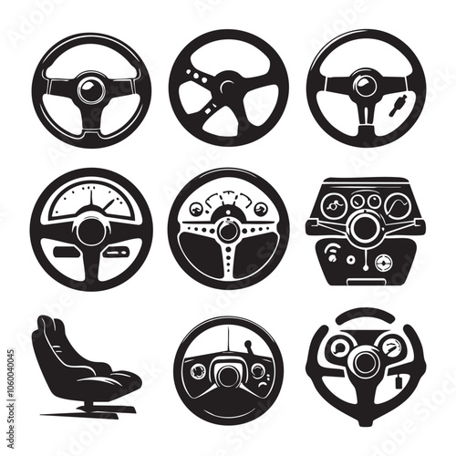 Set of car steering wheel silhouette on white background
