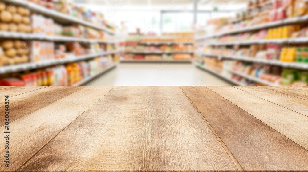 Fototapeta premium Empty wood table top with supermarket grocery store aisle and shelves blurred background
