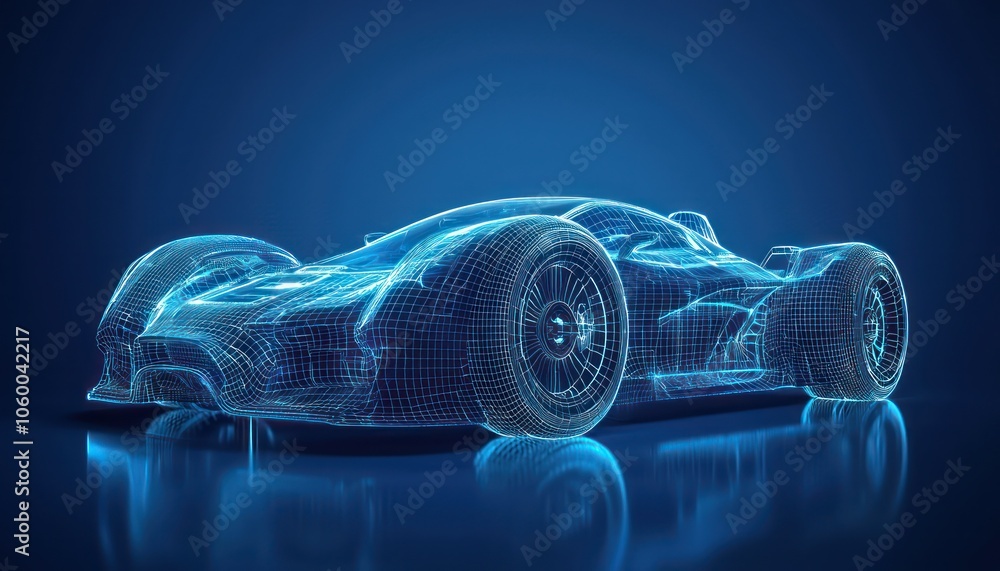 Naklejka premium AR wireframe of a futuristic car's front, set in a vivid blue digital environment.