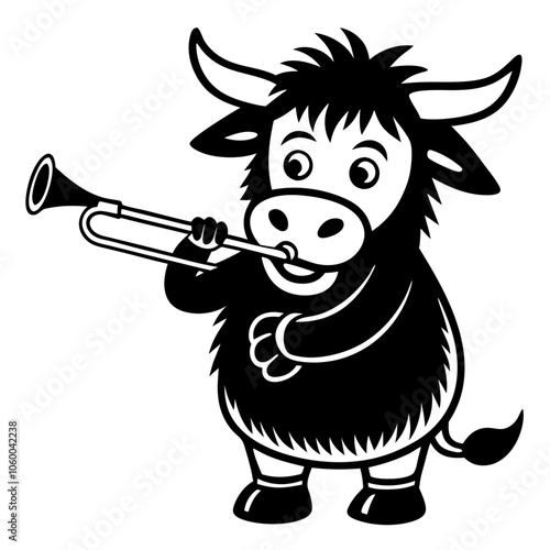 Yak Playing Trumpet: A charming cartoon yak joyfully plays a trumpet, showcasing a whimsical and delightful character design. Perfect for children's books, music-themed projects.