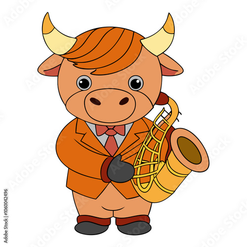 The Bull With the Golden Sax: A charming cartoon bull, dressed in a dapper orange suit and a red bowtie, holds a golden saxophone, creating a whimsical and playful image for musicians, music lovers.