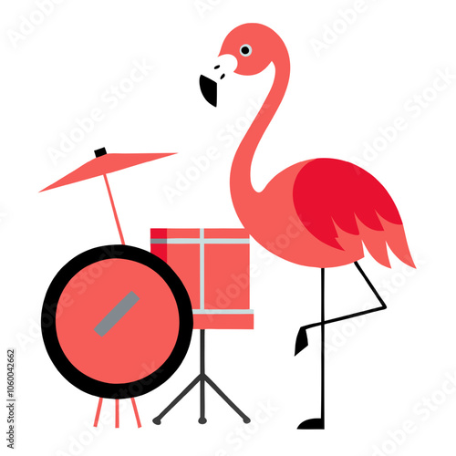 Pink Flamingo Drummer: A whimsical illustration of a flamingo standing next to a drum kit, ready to rock.  Perfect for summer vibes, tropical designs, or quirky music projects. 