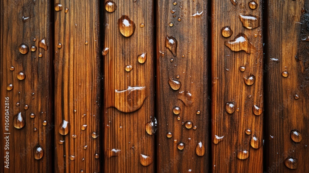 Fototapeta premium Close-up of wooden surface with water droplets, highlighting texture and moisture.