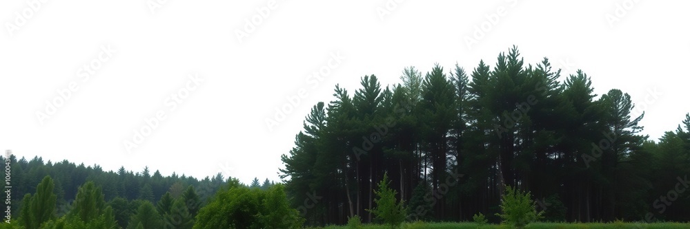 Fototapeta premium Minimalistic forest landscape including tall trees, lush greenery, and a serene atmosphere on a white background, forest, nature