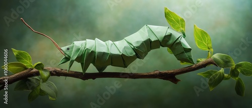 Origami caterpillar on leafy branch