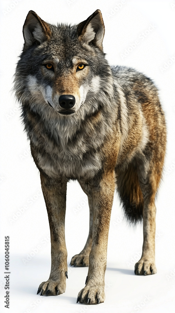 Fototapeta premium Grey wolf standing and looking forward isolated on white background.