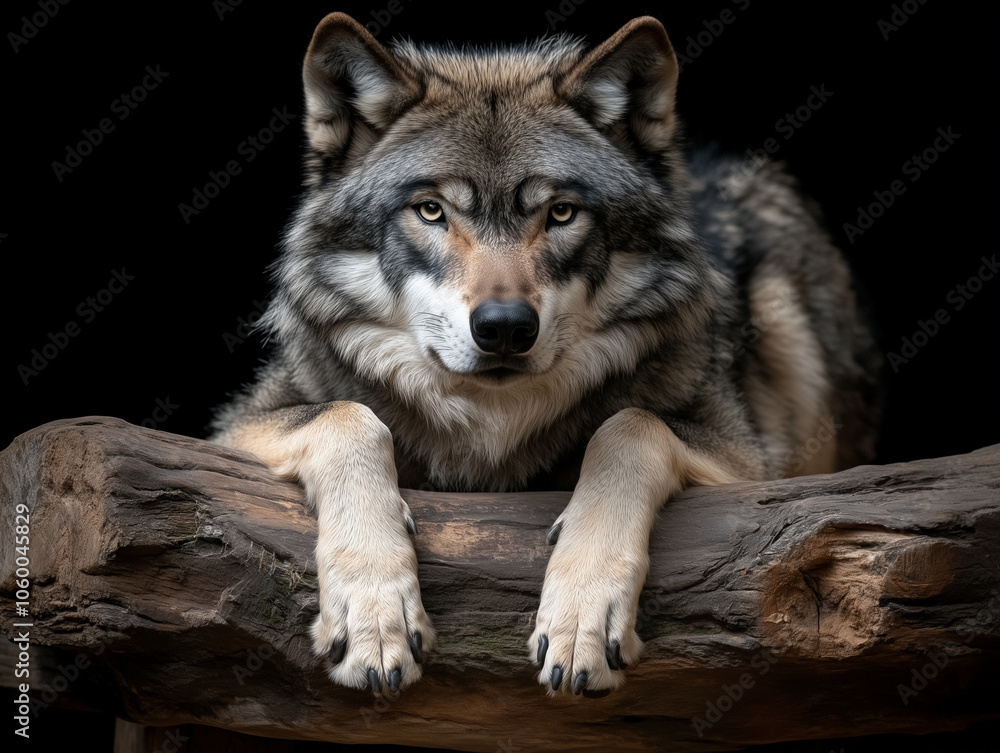 Obraz premium Grey wolf resting on log with intense gaze against dark background.