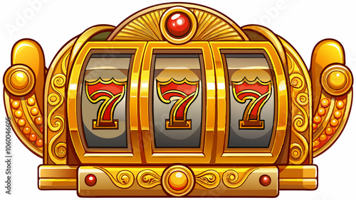 Vintage ornate gold tone slot machine 777 jackpot emblem, intricately designed with classic flair, shines brightly against a clean white background, evoking nostalgia and good