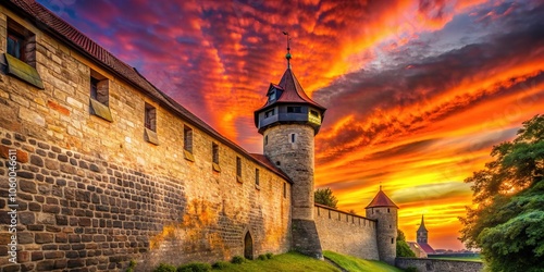 Burgmauer's stone silhouette cuts against a vibrant sky. photo