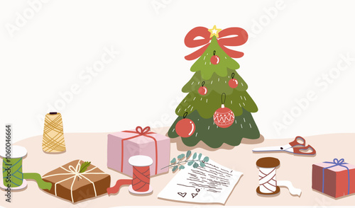 Colorful cardboard gift boxes and tools for wrapping on the background of a Christmas tree decorated with decorations. Hand drawn flat vector illustration