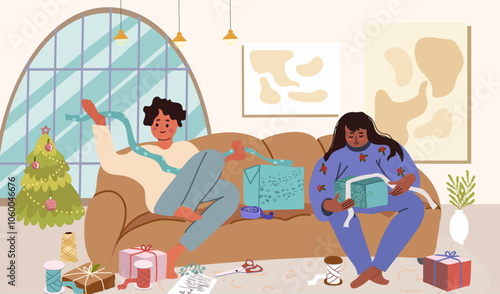 Couple preparing Christmas gifts on winter holiday. Happy man and woman wrapping, decorating present boxes in festive paper for Xmas, New Year. Hand drawn vector illustration