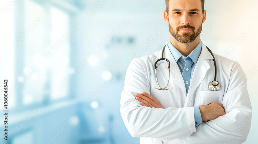 Medium shot of a confident doctor in a white coat, arms crossed and wearing a stethoscope, bright hospital background with soft bokeh effect, conveying professionalism Medium shot of a confident doctor in a white coat, arms crossed and wearing a stethoscope, bright hospital background with soft bokeh effect, conveying professionalism