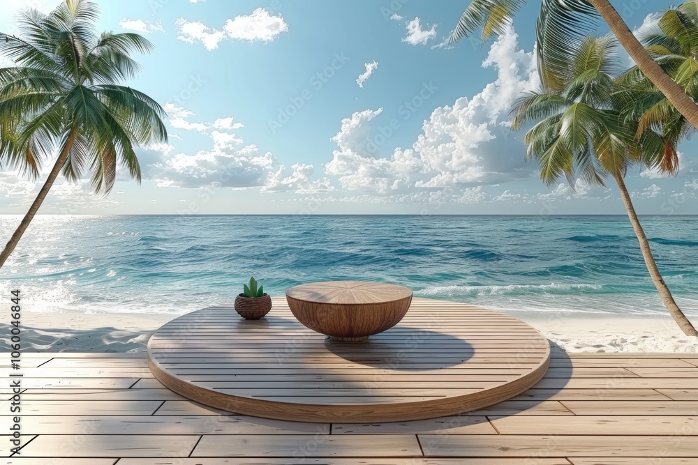 Obraz premium A tranquil wooden podium overlooking a serene beach with gentle waves, palm trees swaying under a clear summer sky, perfect for relaxation and inspiration